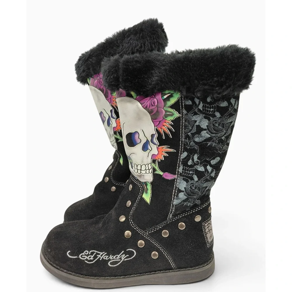 Vintage 2009 Ed Hardy Skull Rose Boots Womens 6 Suede Faux Fur Studded Y2K
